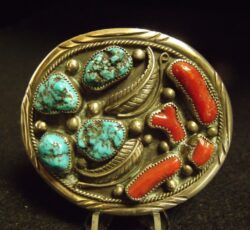 Turquoise & Red Coral Belt Buckle 001